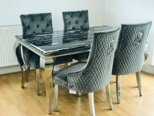 Marmo Black Dining Table And Knocker Back Grey Chairs