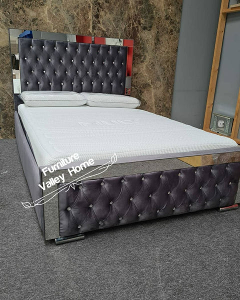 Meena Grey Plush Velvet Mirror Bed Frame