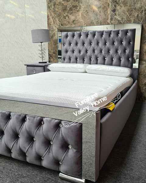 Meena Grey Plush Velvet Mirror Bed Frame