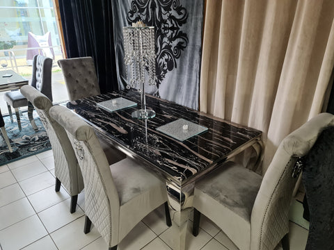 Marmo black marble dining table and six  Knocker Back Dining chairs