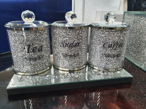 Crystal Diamond Crush Tea, Sugar & Coffee Jars