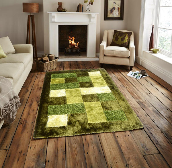 3D Checked Green Shaggy Rug