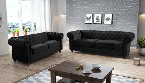 Brand New Black Chesterfield Plush Velvet 3 +2 Seater Sofa | Fabric Set