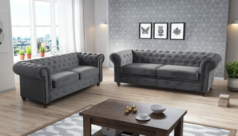 chelsa Grey Chesterfield Plush Velvet 3 +2 Seater Sofa Set | fabric