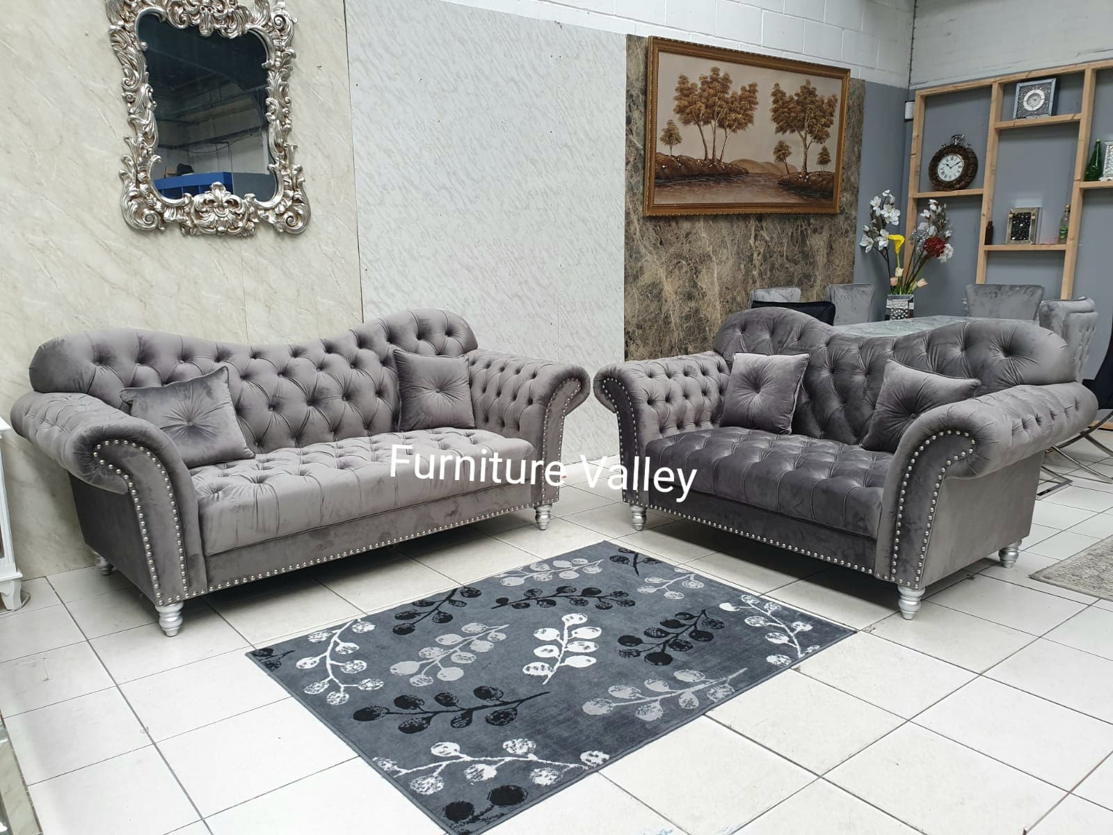 DESIGNER CHESTERFIELD GREY 3 AND 2 SEATER SOFA SET | GREY VELVET Fabric | HIGH BACK