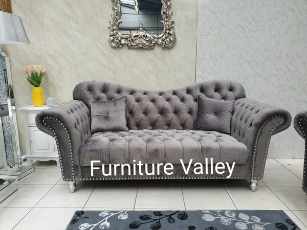 DESIGNER CHESTERFIELD GREY 3 AND 2 SEATER SOFA SET | GREY VELVET Fabric | HIGH BACK