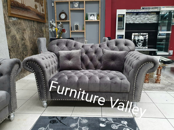 DESIGNER CHESTERFIELD GREY 3 AND 2 SEATER SOFA SET | GREY VELVET Fabric | HIGH BACK