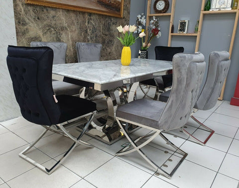 MARBLE ORBIT DINING TABLE & GREY DINING CHAIRS