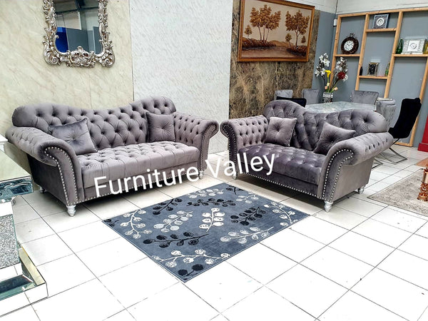 DESIGNER CHESTERFIELD GREY 3 AND 2 SEATER SOFA SET | GREY VELVET Fabric | HIGH BACK