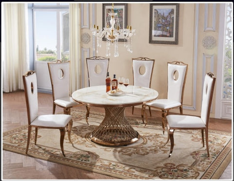 Pescara Marble Dining Table with 6 Chairs | White n Rose Gold | Round Table