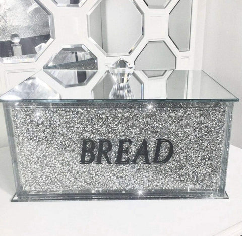 Touch of Vogue XXL Silver Crushed Diamond Crystal Mirrored Bread Bin Container Kitchen