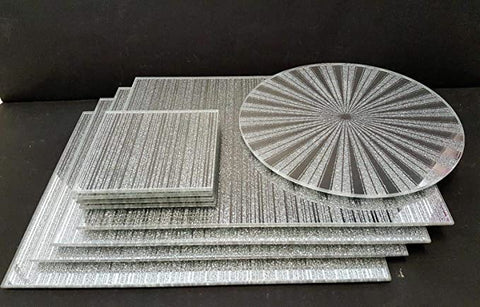 Silver sparkle mirrored glass 4 X Sparkle Mirrored Coaster 4 X Sparkle Mirrored Placemats 1 X Sparkle Mirrored Centre Plate Elegant Addition to Your Home Best Gift