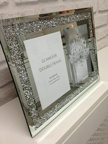 GLASS PHOTO FRAME JEWEL MIRROR SILVER LOOSE DIAMANTE NEW CRYSTAL DECOR MIRROR PHOTO FRAME SPARKLE GIFT WEDDING FRIENDS FOR DESK (double 4 x 6 inches)