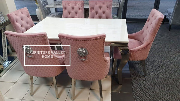 Marmo white marble dining table and 6 knocker back plush velvet pink chairs