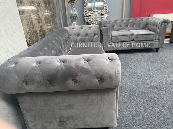 ALEENA GREY VELVET FABRIC 3 + 2 SEATER SOFA CHESTERFIELD