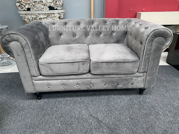 ALEENA GREY VELVET FABRIC 3 + 2 SEATER SOFA CHESTERFIELD