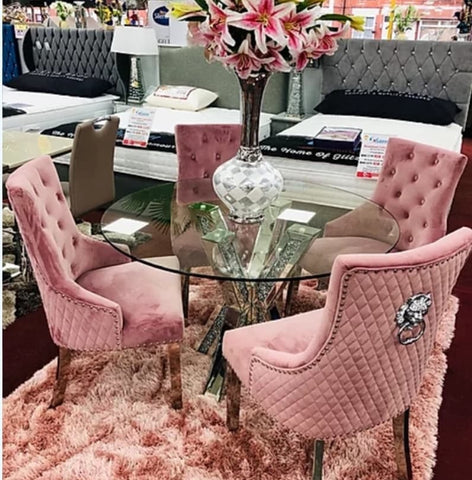 Crushed Diamond Round Mirrored Dining Table with 4 Pink Lion Knocker Chairs