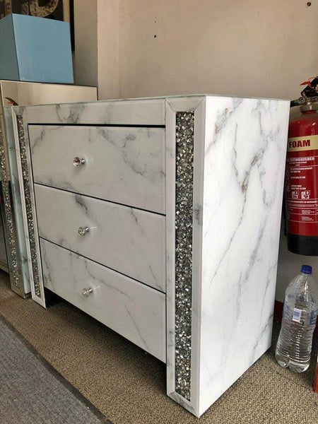 White Marbled Diamond Crush Chest Of Drawers