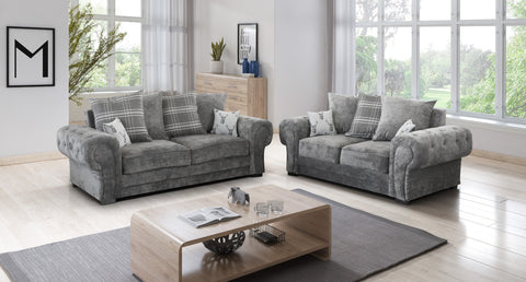 3+2 seater Fabric Charcoal Sofa Roll Arms