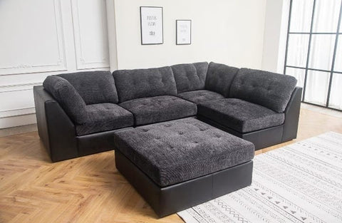 Chicago Corner Sofa Dark Grey Fabric with Leather base + Footstool ; Delivery Available