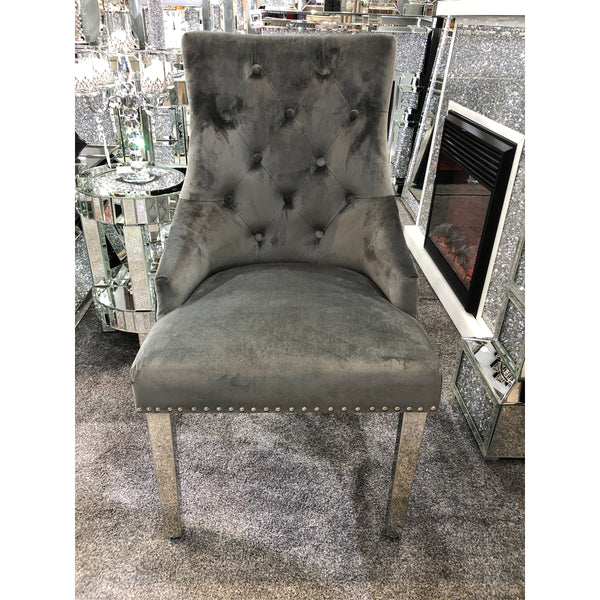 Majestic Velvet Lion Knocker Back Grey Dining Chair