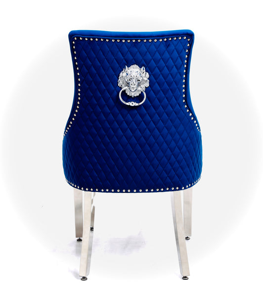 Majestic Velvet Lion Knocker Back Blue Dining Chair