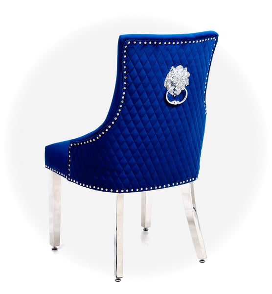 Majestic Velvet Lion Knocker Back Blue Dining Chair