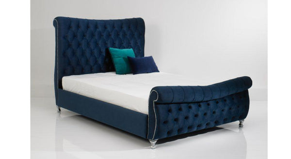 MONA SLEIGH PLUSH CURVED BLUE BED FRAME