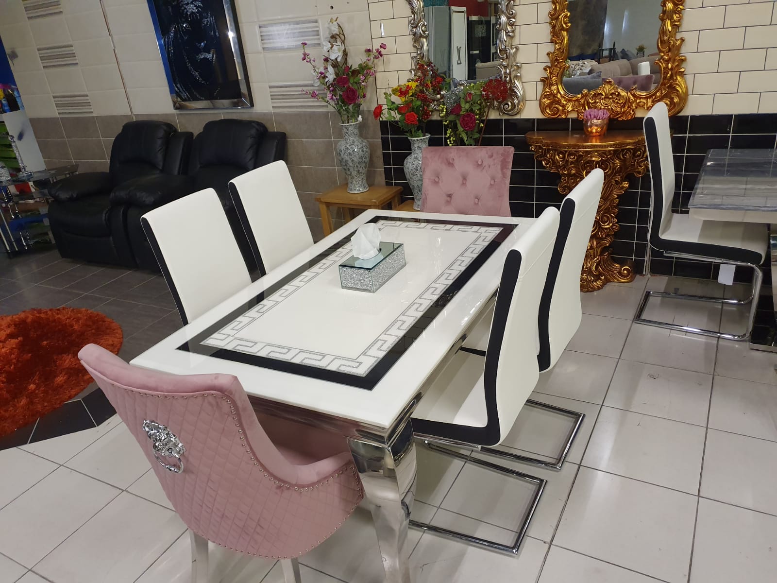 WHITE & BLACK MARBLE DINING TABLE + 6 DINING  CHAIRS