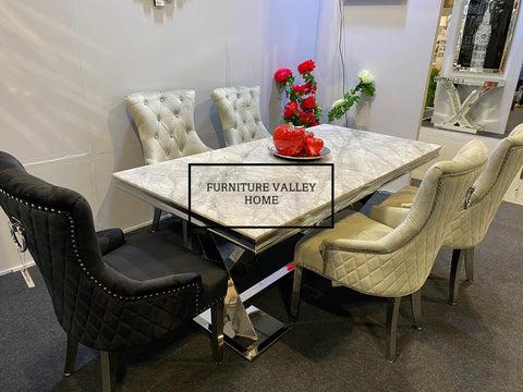 GREY MARBLE DINING TABLE AND SIX CHAIRS