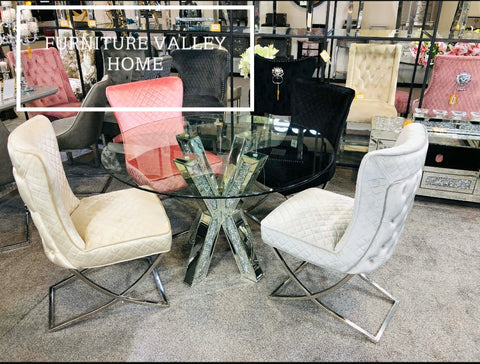 ROUND CRUSHED MIRROR DINING TABLE AND 4 LUXURY FANDI CHAIRS