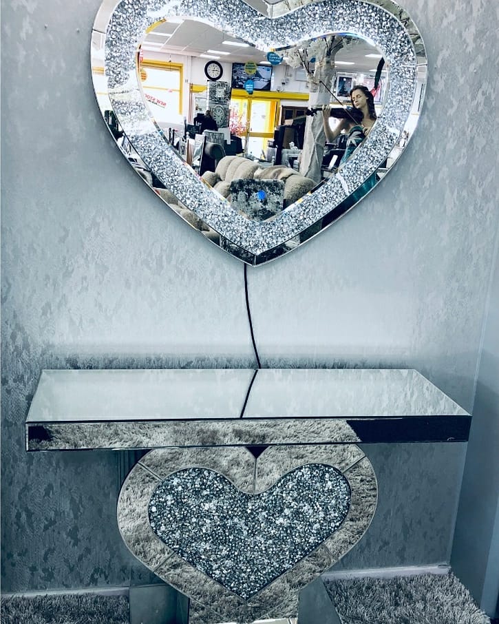 Gorgeous crushed mirror heart shaped console table and led heart wall mirror