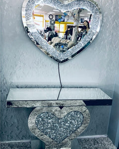 Gorgeous crushed mirror heart shaped console table and led heart wall mirror