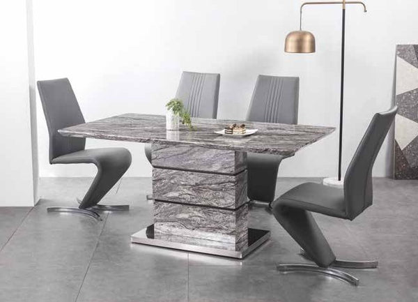 Tokyo brown marble effect dining table and white leather chairs