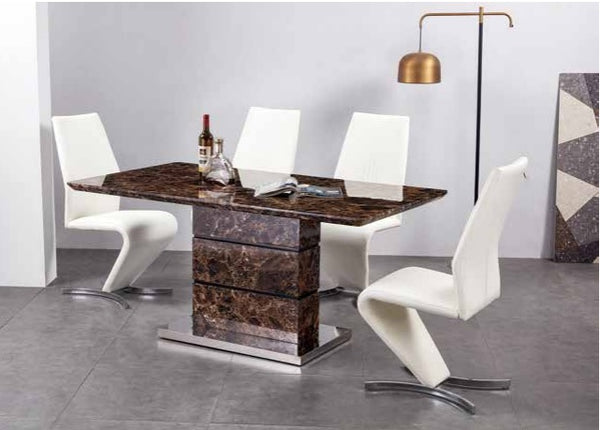 Tokyo brown marble effect dining table and white leather chairs