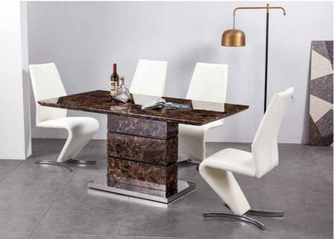 Tokyo brown marble effect dining table and white leather chairs