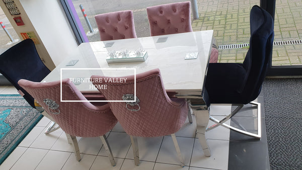 White marmo dining table and six luxury velvet chairs