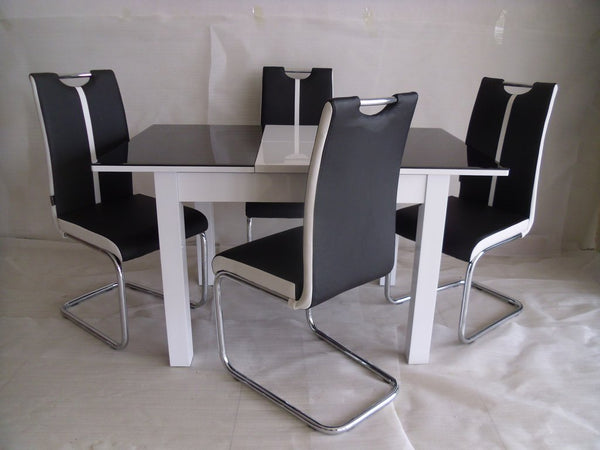 BLACK-WHITE PRIMO EXTENDING DINING TABLE AND 4 CHAIRS SETS