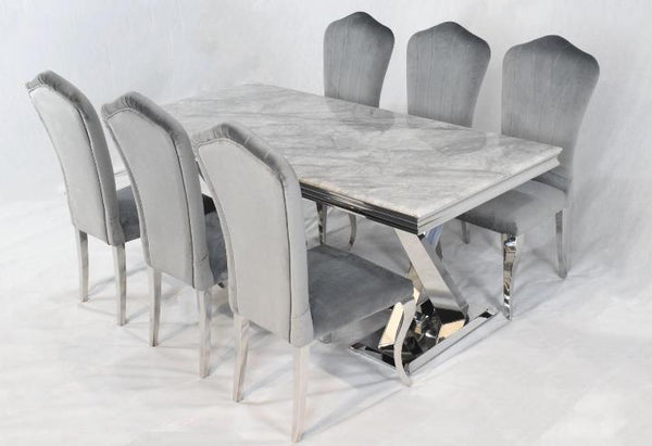 LOUIS GREY MARBLE DINING TABLE AND SIX PLUSH VELVET CHAIRS