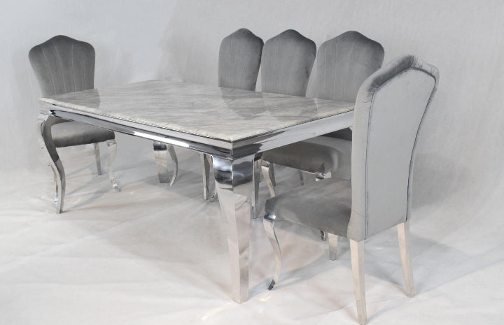 Marmo GREY MARBLE DINING TABLE AND SIX PLUSH VELVET CHAIRS