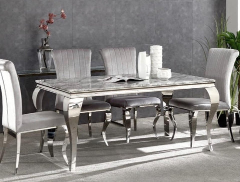 LENA GREY MARBLE DINING TABLE AND SIX CHAIRS