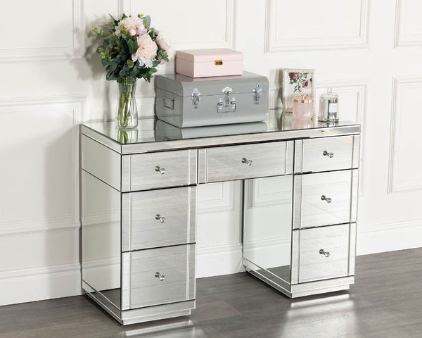 7 Drawers Mirrored Dressing Table Set with Tipple - fold Mirror and Mirrored Stool