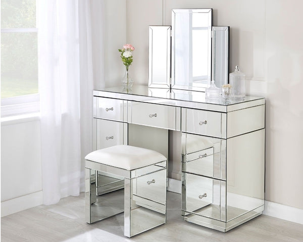 7 Drawers Mirrored Dressing Table Set with Tipple - fold Mirror and Mirrored Stool