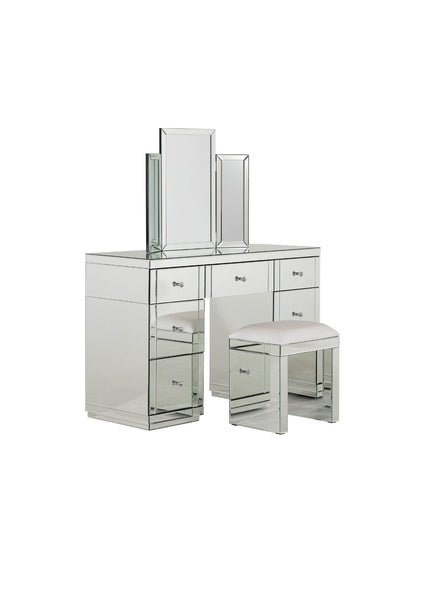 7 Drawers Mirrored Dressing Table Set with Tipple - fold Mirror and Mirrored Stool