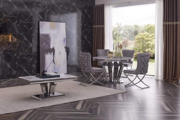 ALESSANDRO MARBLE ROUND DINING TABLE WITH 4 CHAIRS, PREMIUM QUALITY MARBLE 4 FENDI VELVET CHAIRS