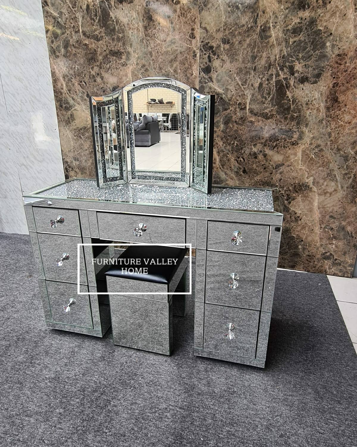 Crushed Mirror 7 Drawers Dressing Table Crushed Diamond On Top