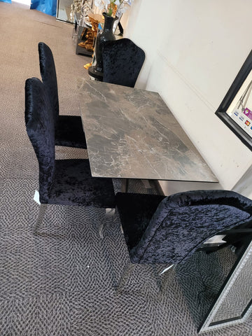 New York Brown Ceramic Dining Table And 6 Black Crushed Velvet Chairs