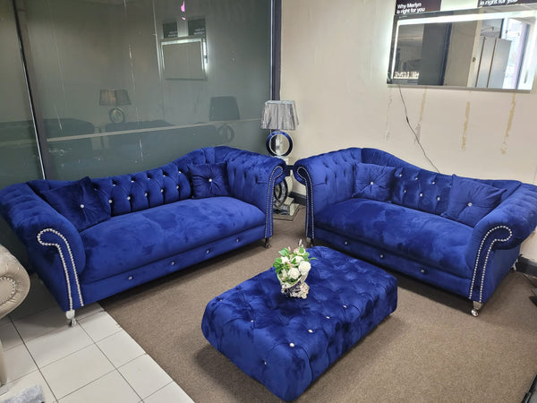 Mia Royal Blue Plush Velvet Sofa 3+2 Seater