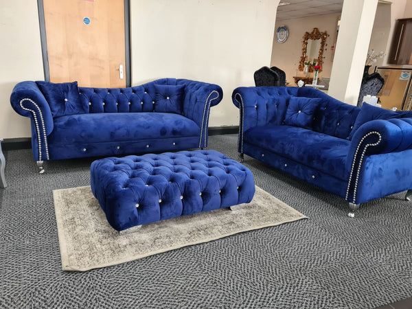 Mia Royal Blue Plush Velvet Sofa 3+2 Seater