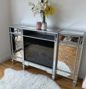 Jasmin clear glass media unit sideboard with electric fireplace